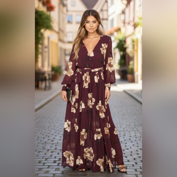 Fashion Nova Maxi Dress L Park Ave Floral Surplice V Neck Plum Purple Split Hem - Picture 2 of 11